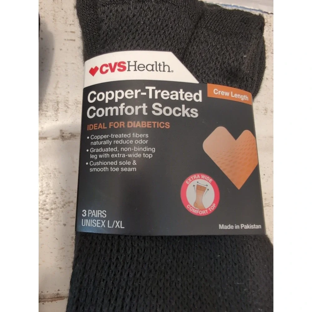 2 Pks. Copper-Treated Comfort Unisex Crew Socks Size L/XL Black 6 pairs (K23)